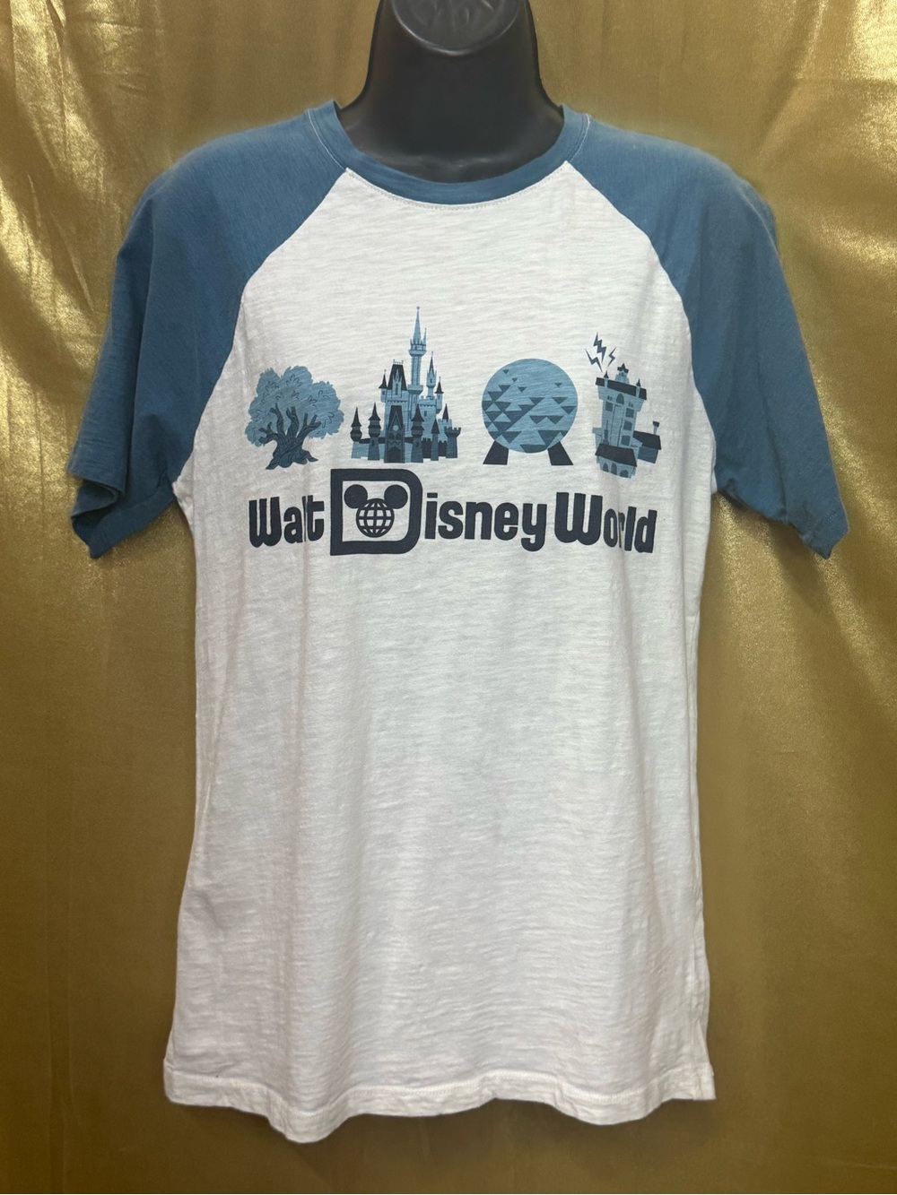 Walt Disney World Four Parks Icons Raglan T-Shirt Small Cream Blue